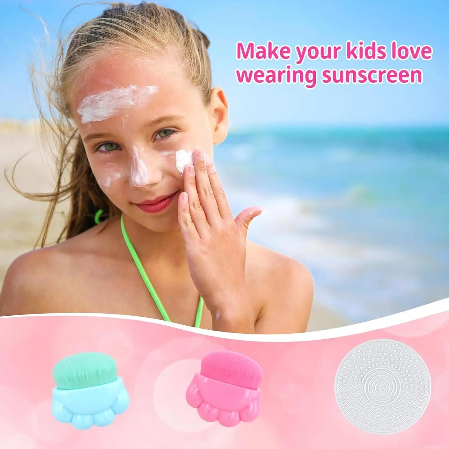2Pcs Sunscreen Applicator, Solar Sunblock Buddy Brush with Protective Case Portable Sun Lotion Applicator Soft Bristle Foundation Sun Cream Brush Set with Brush Cleaning Pad for Kids Children Travel