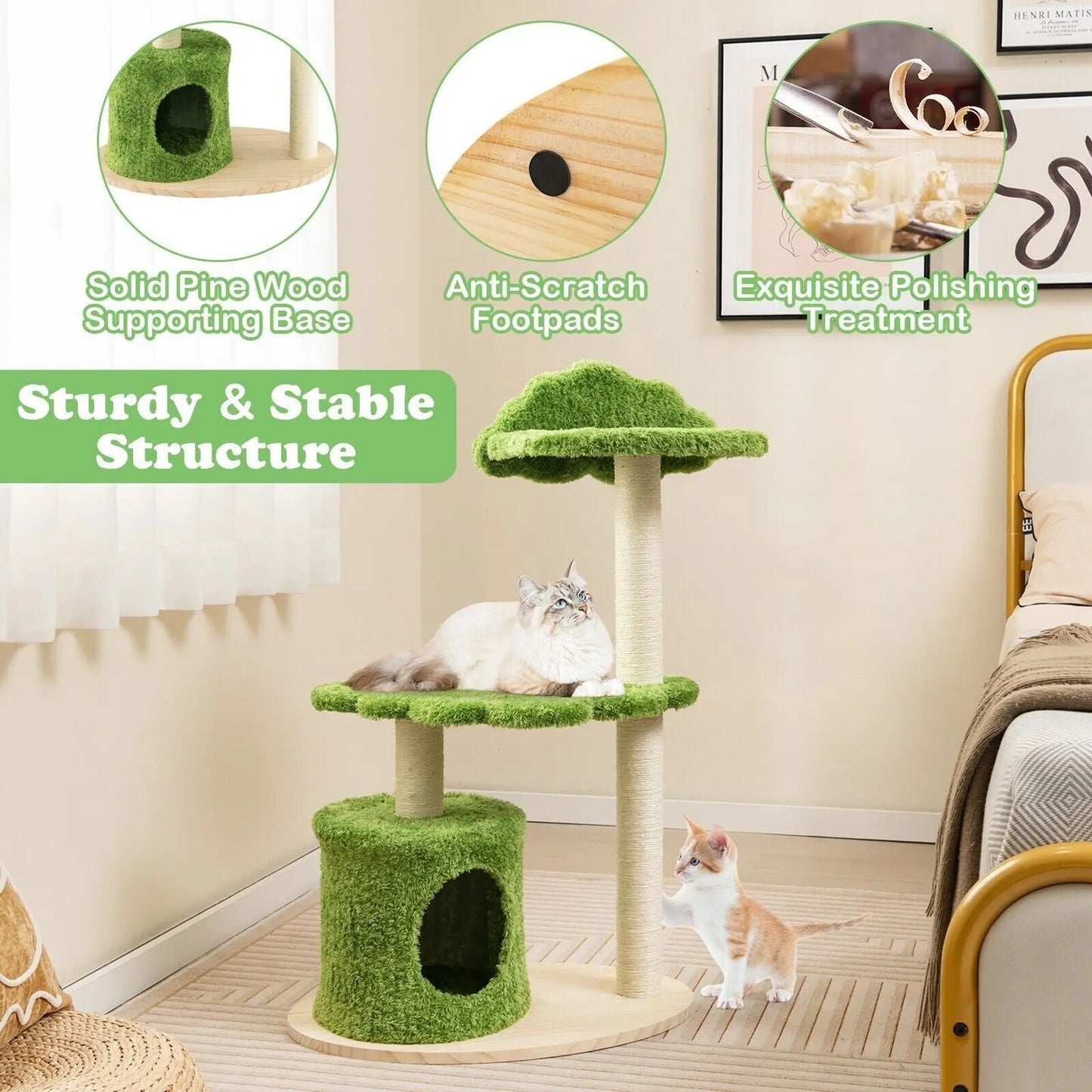 Wooden Cat Tree 97Cm Tall Cat Climbing Stand 3-Layer Cat Activity Center