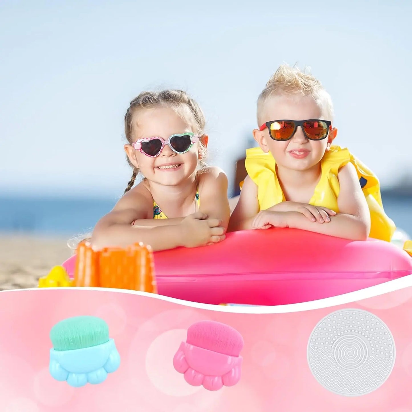 2Pcs Sunscreen Applicator, Solar Sunblock Buddy Brush with Protective Case Portable Sun Lotion Applicator Soft Bristle Foundation Sun Cream Brush Set with Brush Cleaning Pad for Kids Children Travel