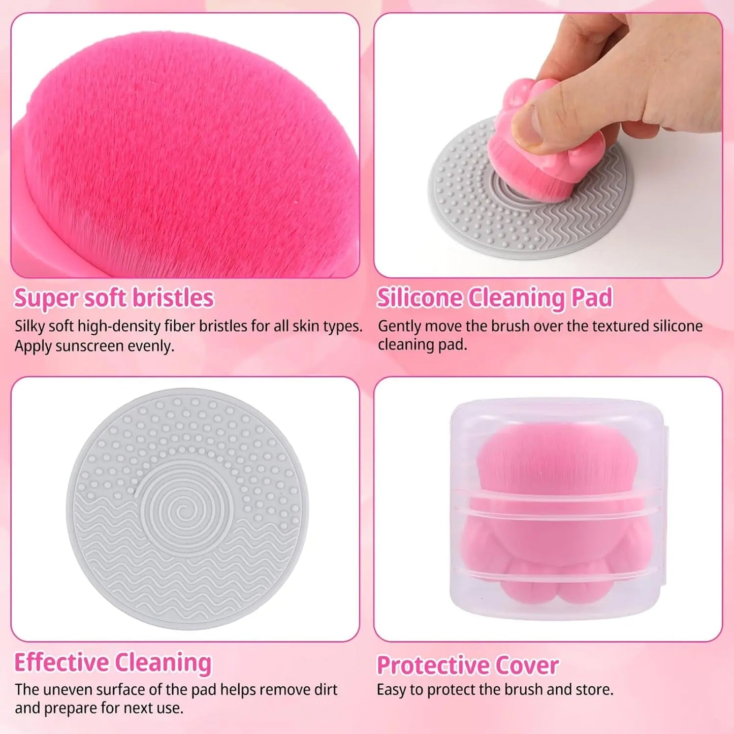2Pcs Sunscreen Applicator, Solar Sunblock Buddy Brush with Protective Case Portable Sun Lotion Applicator Soft Bristle Foundation Sun Cream Brush Set with Brush Cleaning Pad for Kids Children Travel